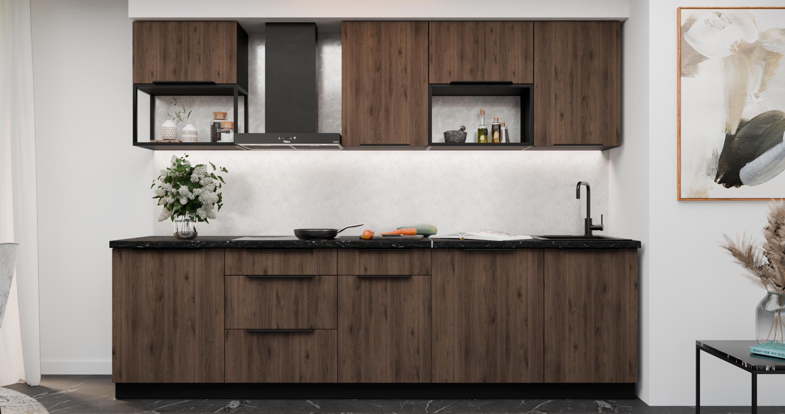 Zestaw mebli kuchennych MONZA Orzech Okapi/Czarny 280cm